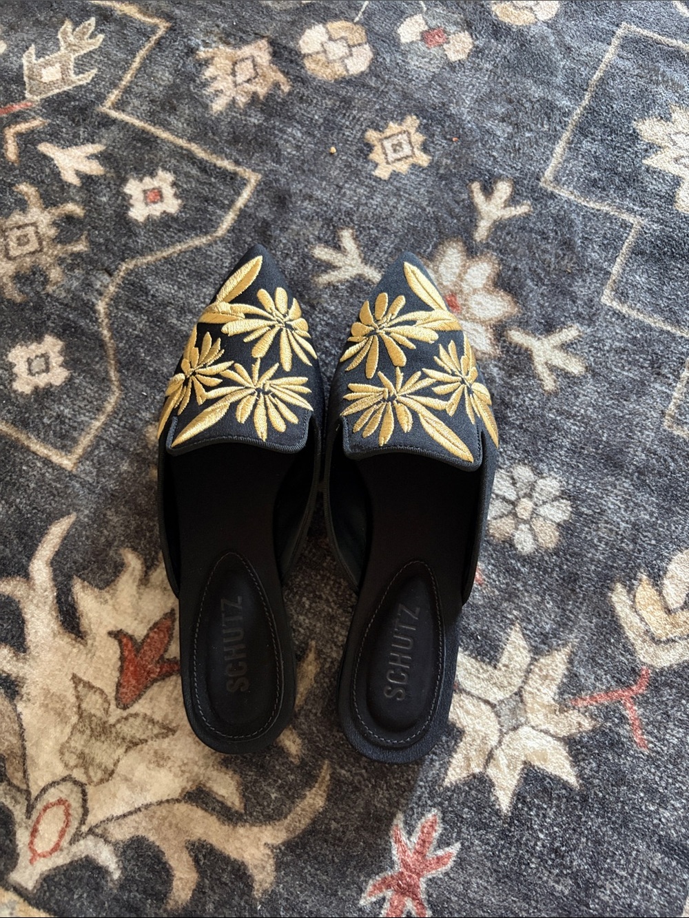 SCHUTZ Black Slip-On Mules with Gold Floral Embroidery
